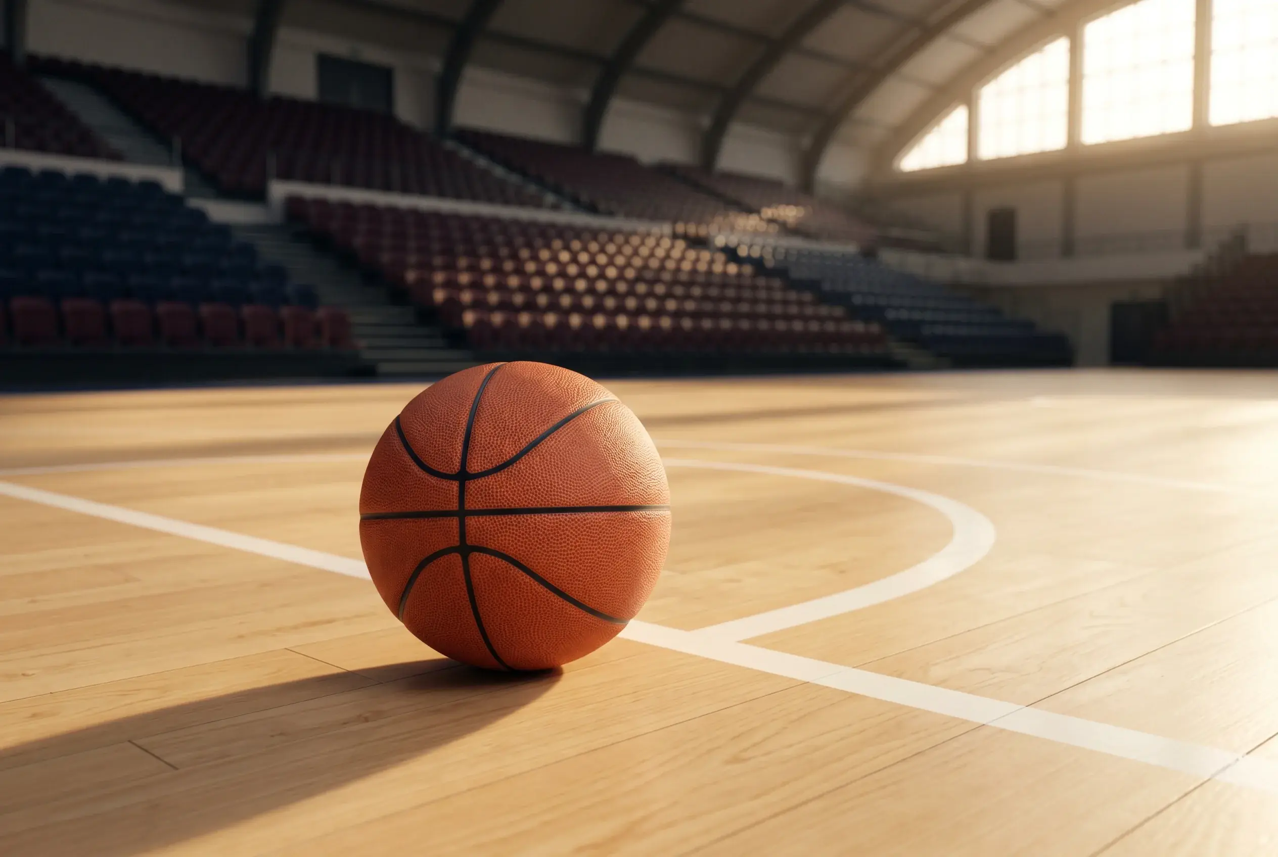 Basketball resting on the parquet floor of an empty British arena at dawn